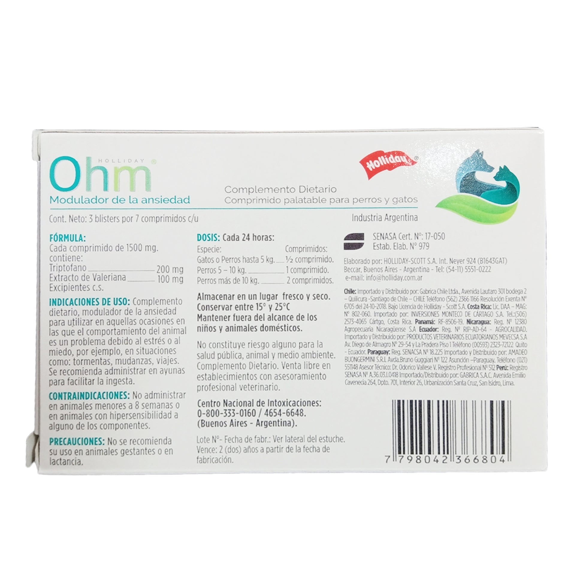 Reverso Caja Modulador De Ansiedad Ohm Holliday 21Tabs Para Perros/Gatos