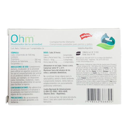 Reverso Caja Modulador De Ansiedad Ohm Holliday 21Tabs Para Perros/Gatos