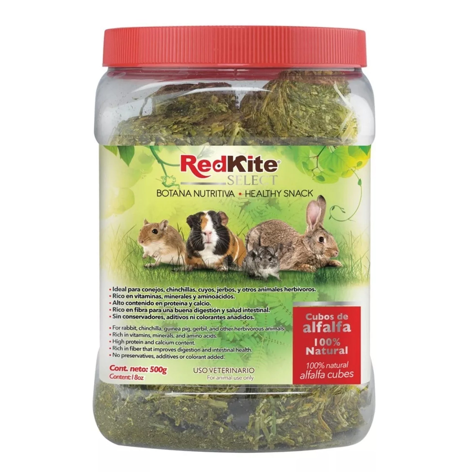 Bote de Cubos De Alfalfa Red Kite 500g Natural para Conejos Cuyo Hamster