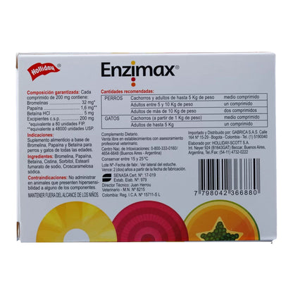 Reverso Caja de Enzimax Holliday 20 Tabs Enzimas Digestivas Perro/Gato