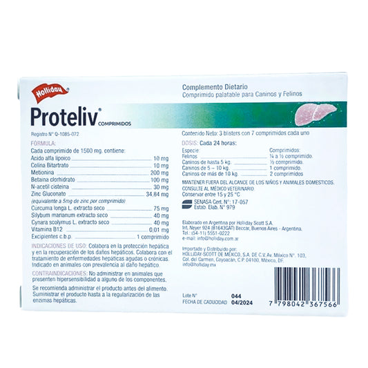 Caja de Proteliv Complemento 21 Tabs Holliday Protector hepático para Perro/Gato